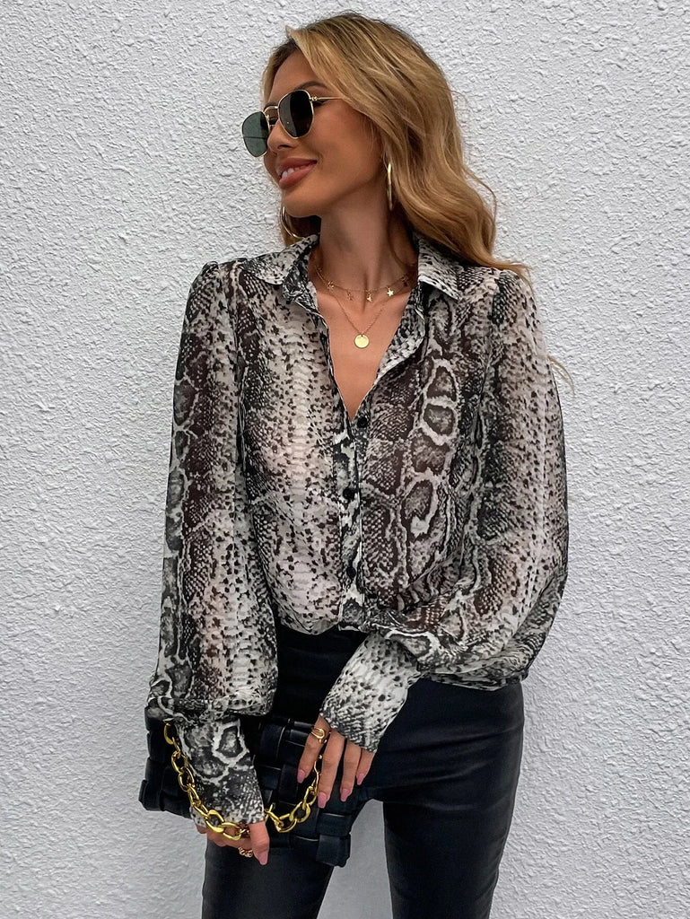 Elevate your style with the Women's Casual Long-Sleeved Snakeskin Print Shirt Lightweight Blouse featuring a relaxed fit.