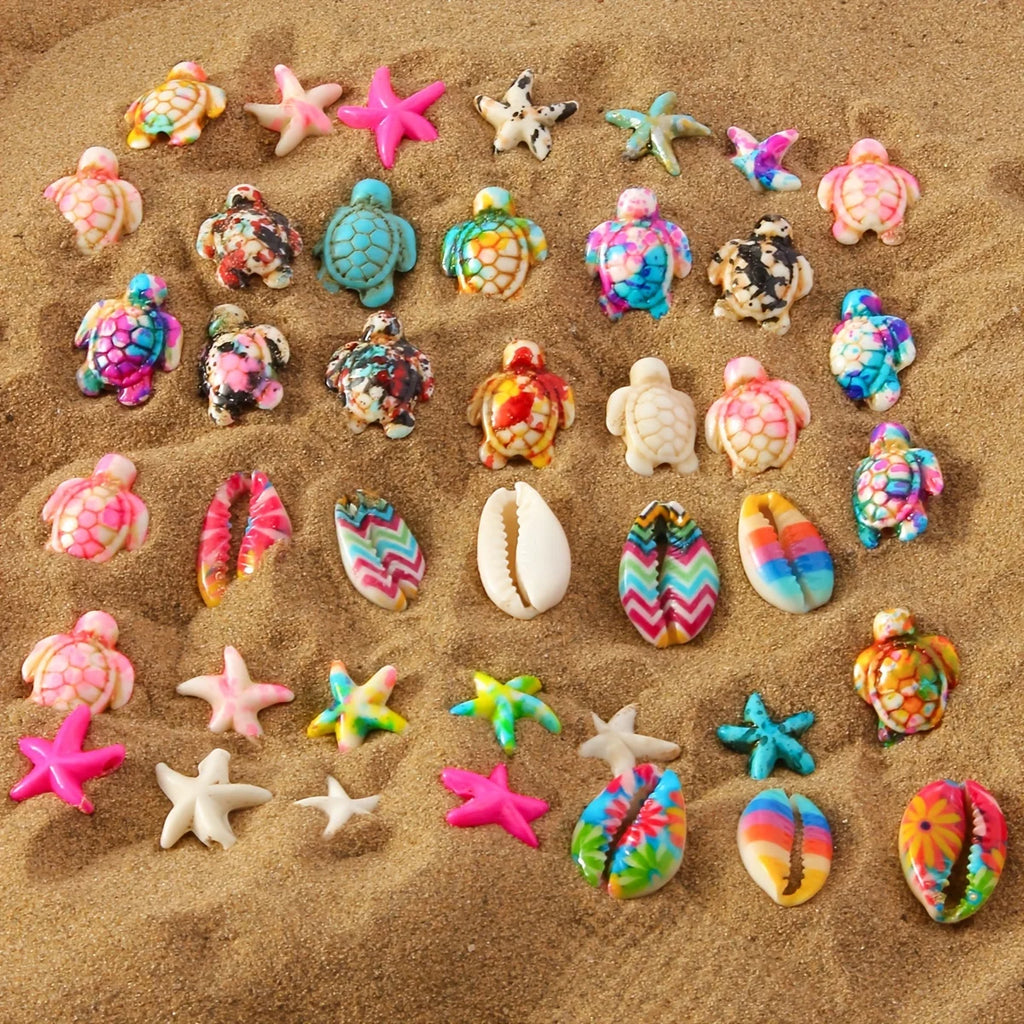 Create unique accessories with the 28pcs Ocean-Themed DIY Bead Kit for Bracelet, Necklace and Ankle Chain Accessories with Sea Turtle, Starfish and Shell Charms.