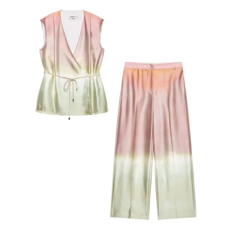 Trendy Women Tie Dye Two Piece Set Casual V Neck Waistcoat and Wide Leg Trousers with Shoulder Pads for stylish outings.