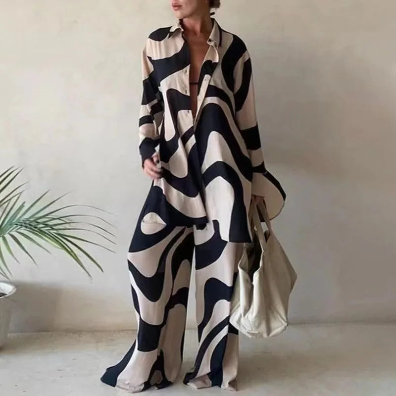 Stylish Fashion Printed Loose Long Sleeve Shirt and Straight Leg Pants Set for Women, perfect for casual and semi-formal occasions.