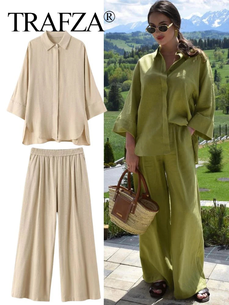 Stylish Women Casual Summer Outfit Two Piece Set with Solid Loose Lapel Shirt and High Waist Wide Leg Pants by TRAFZA.