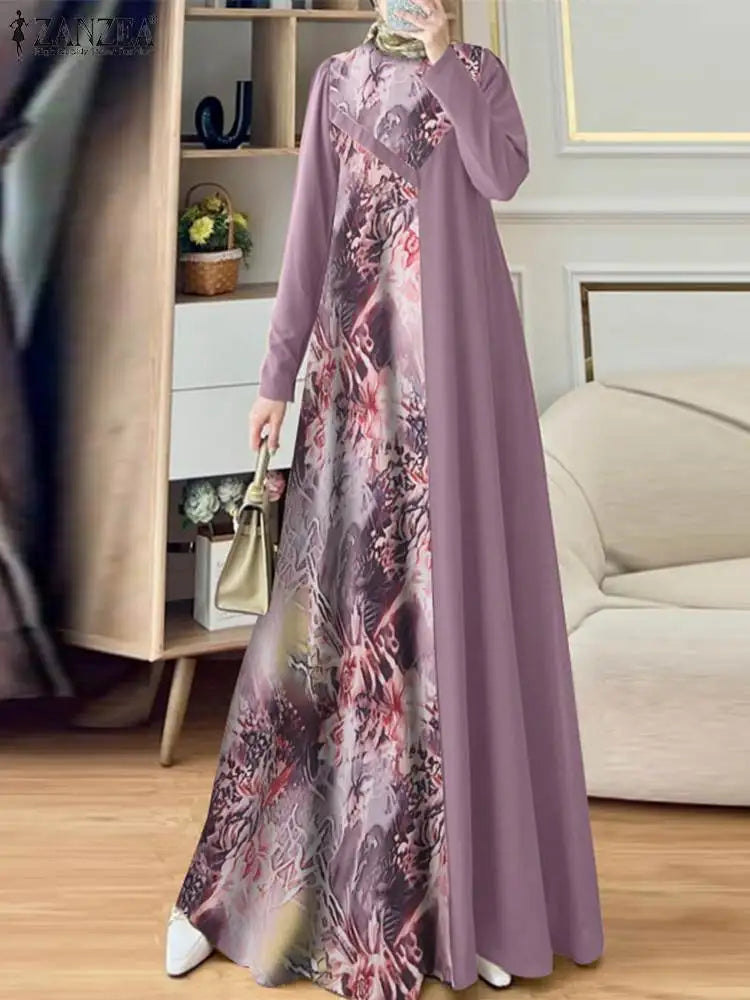 Floral Patchwork Abaya Maxi Dress For Muslim Women With Long Sleeves