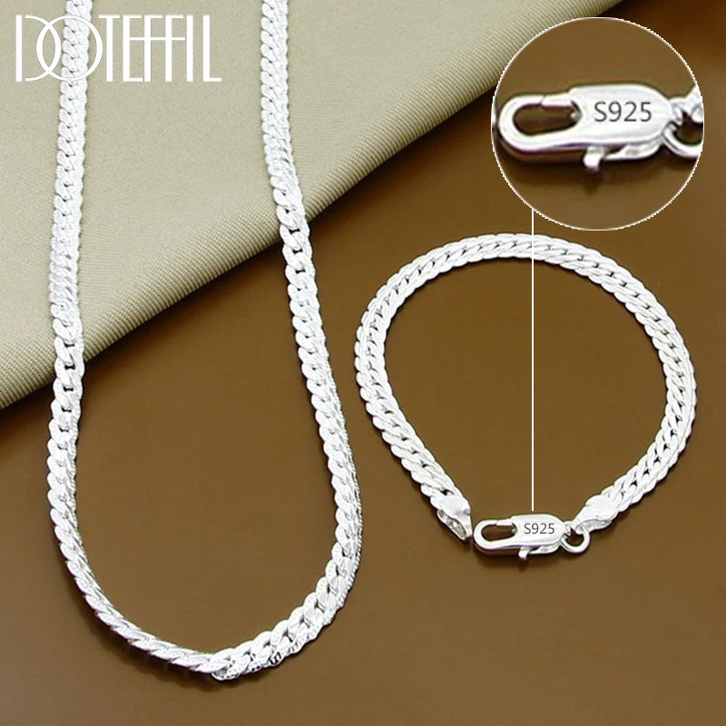 925 Sterling Silver Side Chain Necklace and Bracelet Set for Men and Women Fashion Jewelry, elegant and stylish accessories.