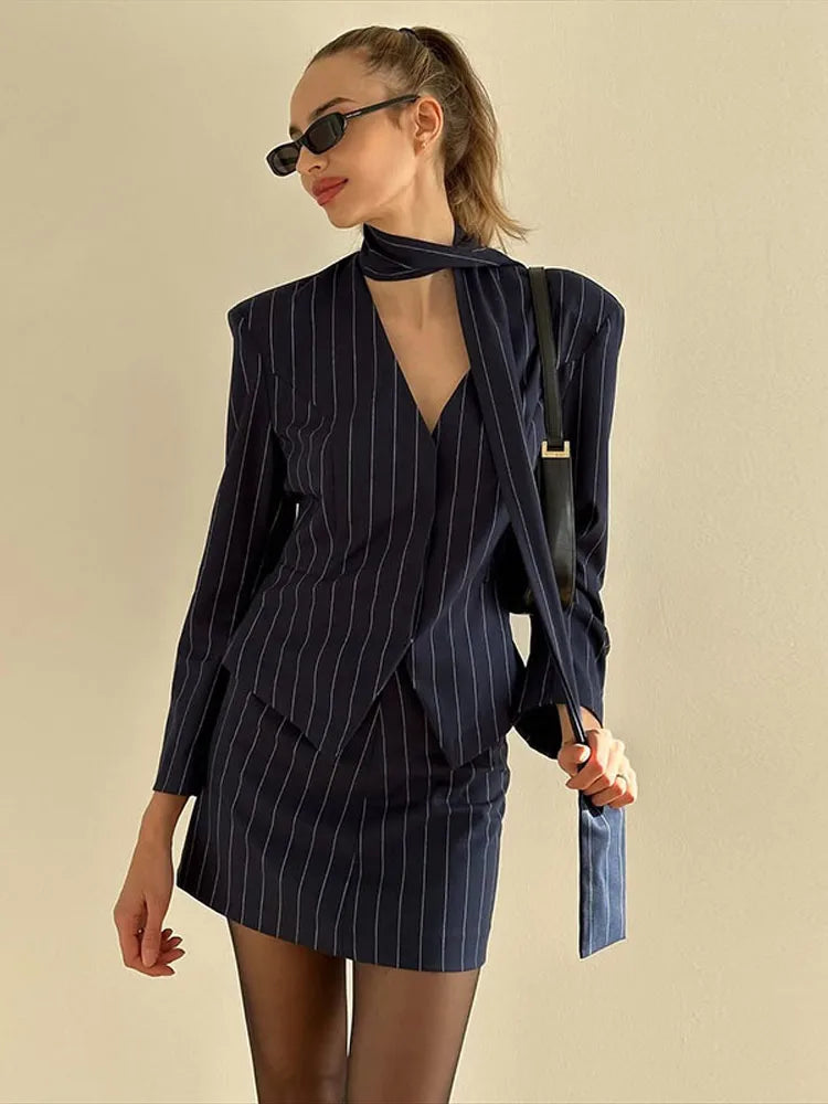 Women’s Street Striped Blazer and Skirt Set Slim V-Neck Single Breasted Coat with Ribbon Accent Hip-Hugging Package Skirt Chic Spring Summer Outfit