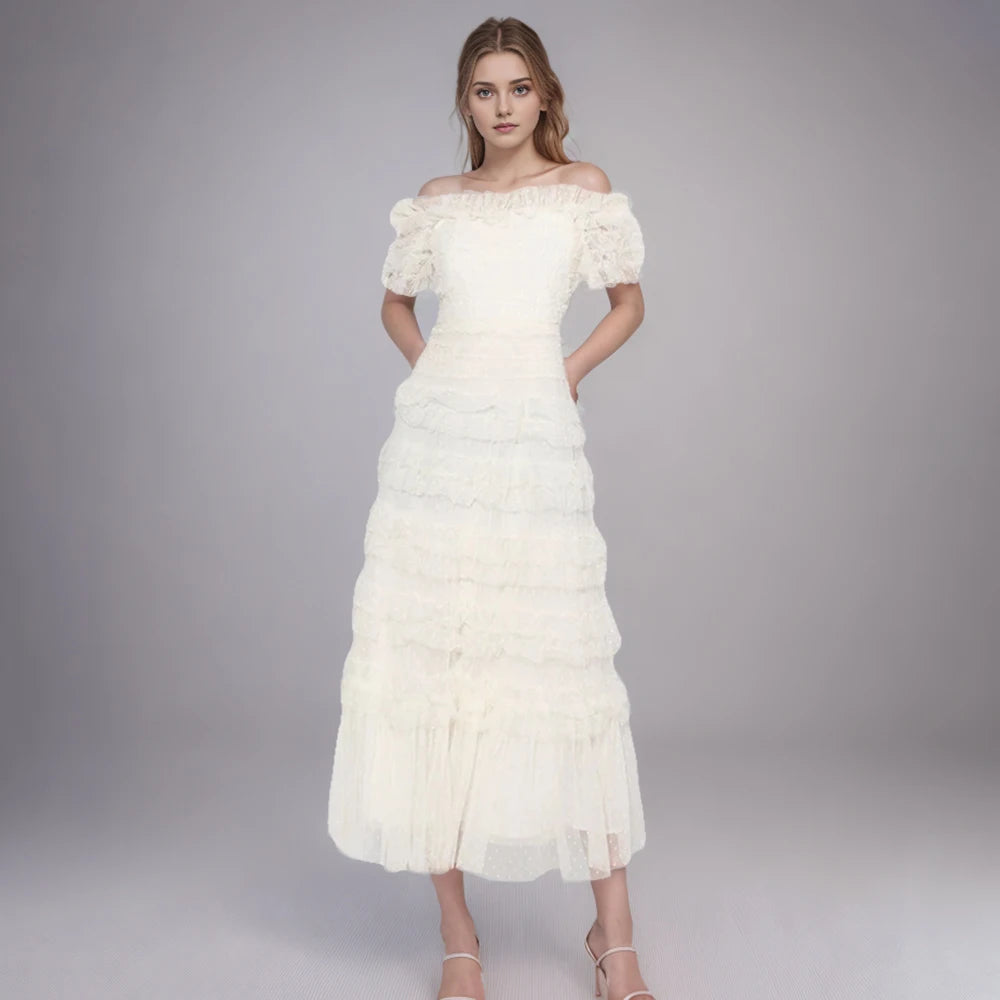 Patchwork Mesh Dress For Women High Waist Ruffled Casual