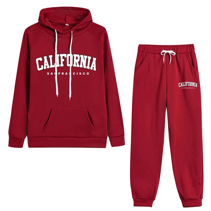 California Letter Print Womens Tracksuit Set Hooded Sweatshirt And Jogger Pants Sportswear