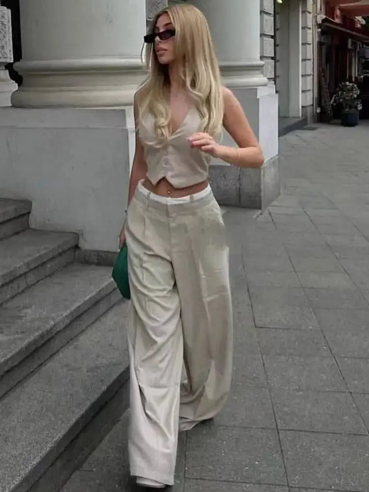 Two Piece Women Halter Neck Vest Top And High Waist Patchwork Pants Set