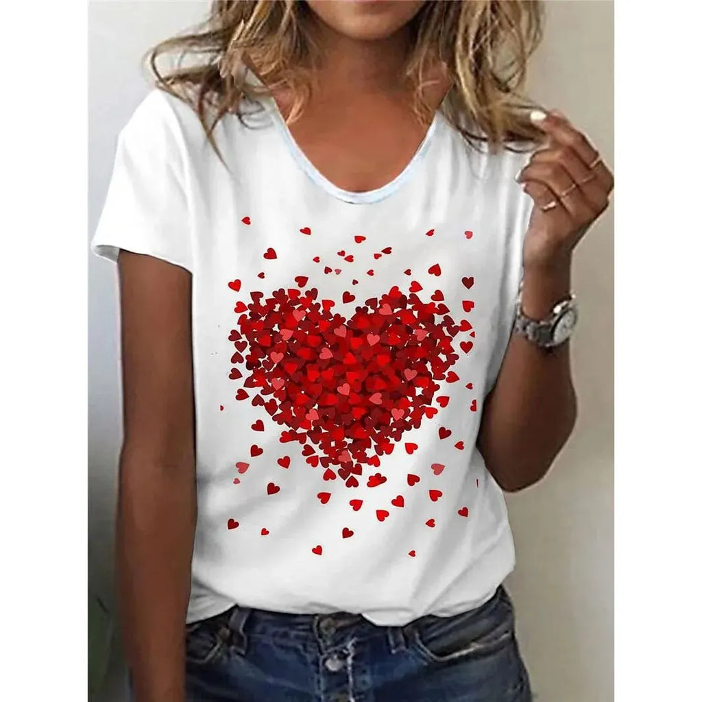 Women Heart Print T-Shirt For Valentine's Day Gifts Crew Neck Short Sleeve Casual Daily Tops - NIICY