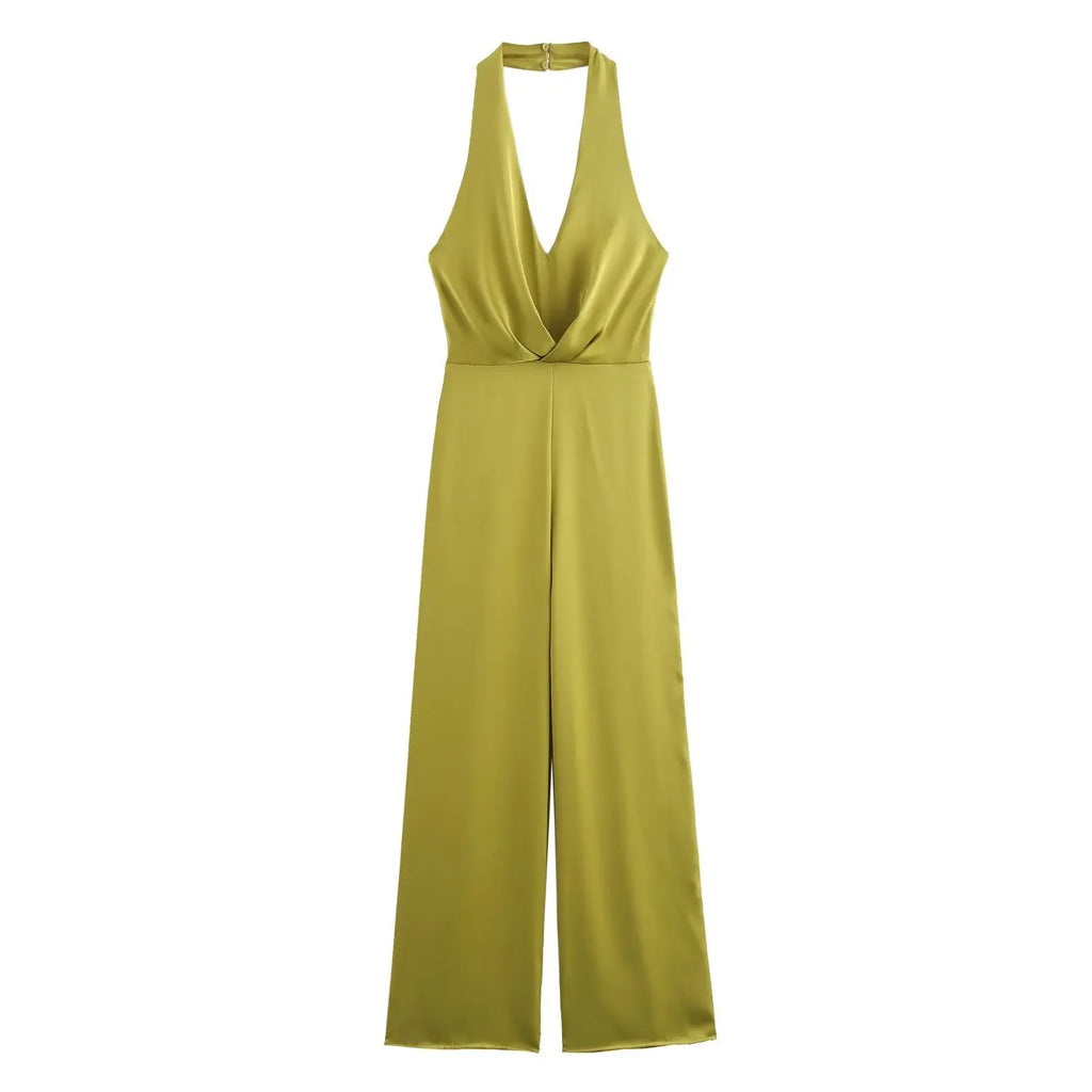 Casual Silk Texture Jumpsuit for Women Street Style Autumn Fashion Simple Elegant Design in rich olive green color.