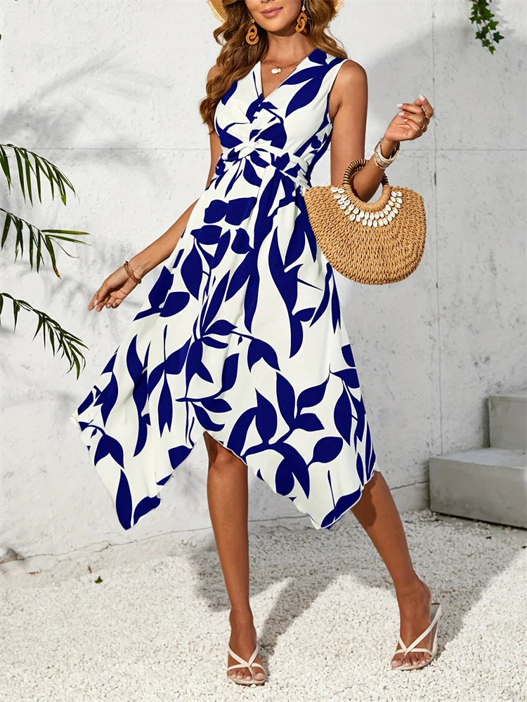 Plus Size Beach Maxi Dress With Leaf Print For Summer