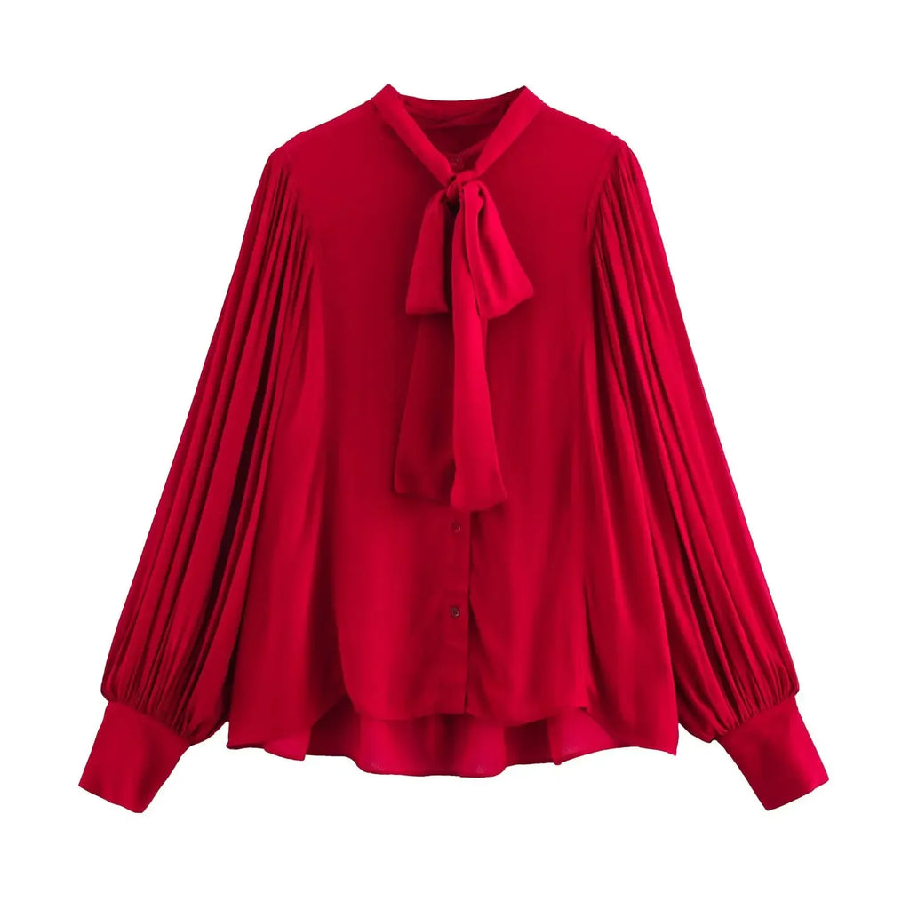 Elegant Long Sleeve Bow Collar Blouse for Women Office Lady Tops Korean Style Youth Blouses in vibrant red by TRAFSHE.