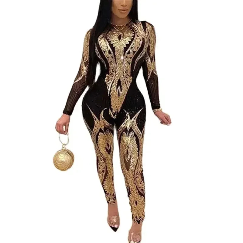 Stylish Sexy Sheer Mesh Patterned Jumpsuit for Women, perfect for clubwear and night out events, enhancing your silhouette.