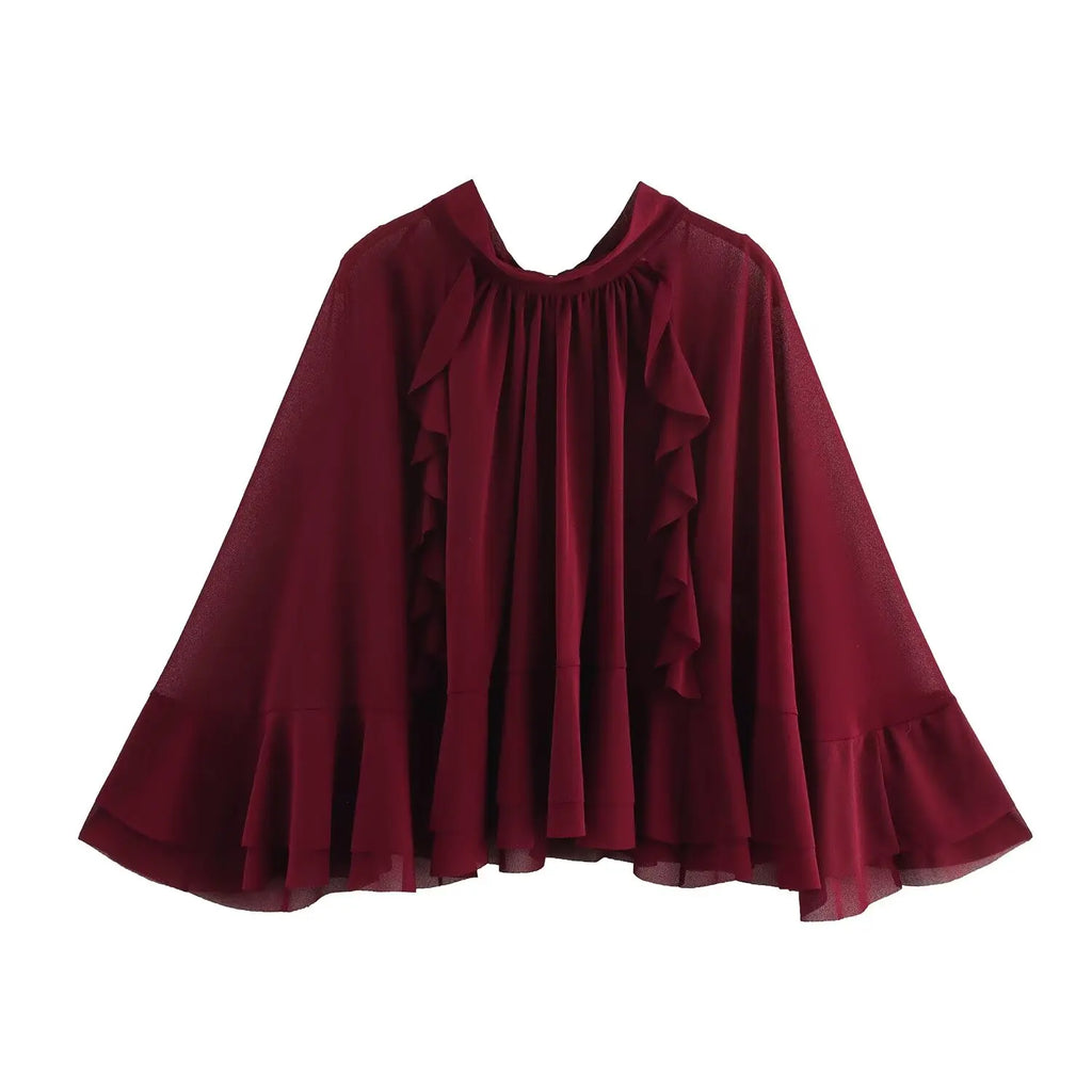 Elegant Women Blouse with Stand Up Collar Ruffle Edge Decoration and Folded Sleeve Detail Chic Shirt Top in deep red.