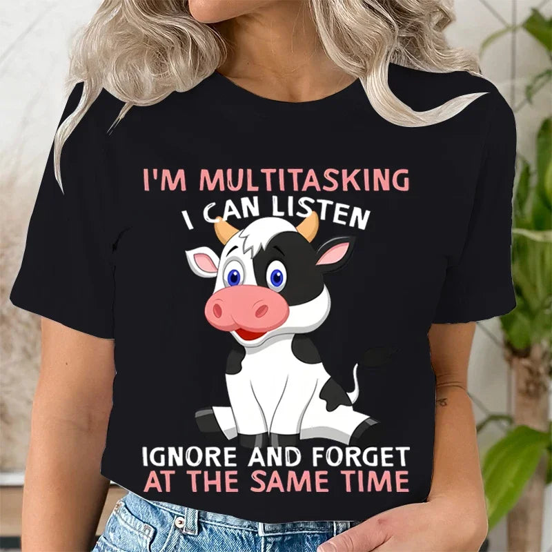 Cute Cow Print Short Sleeve Women's T-Shirt I'm Multitasking Casual Crew Neck Summer Top
