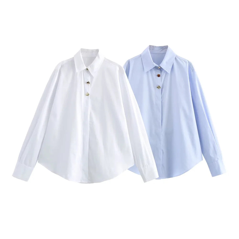 Two stylish Women's Casual Long Sleeve Shirts with loose fit and button detail, perfect for everyday versatile wear.