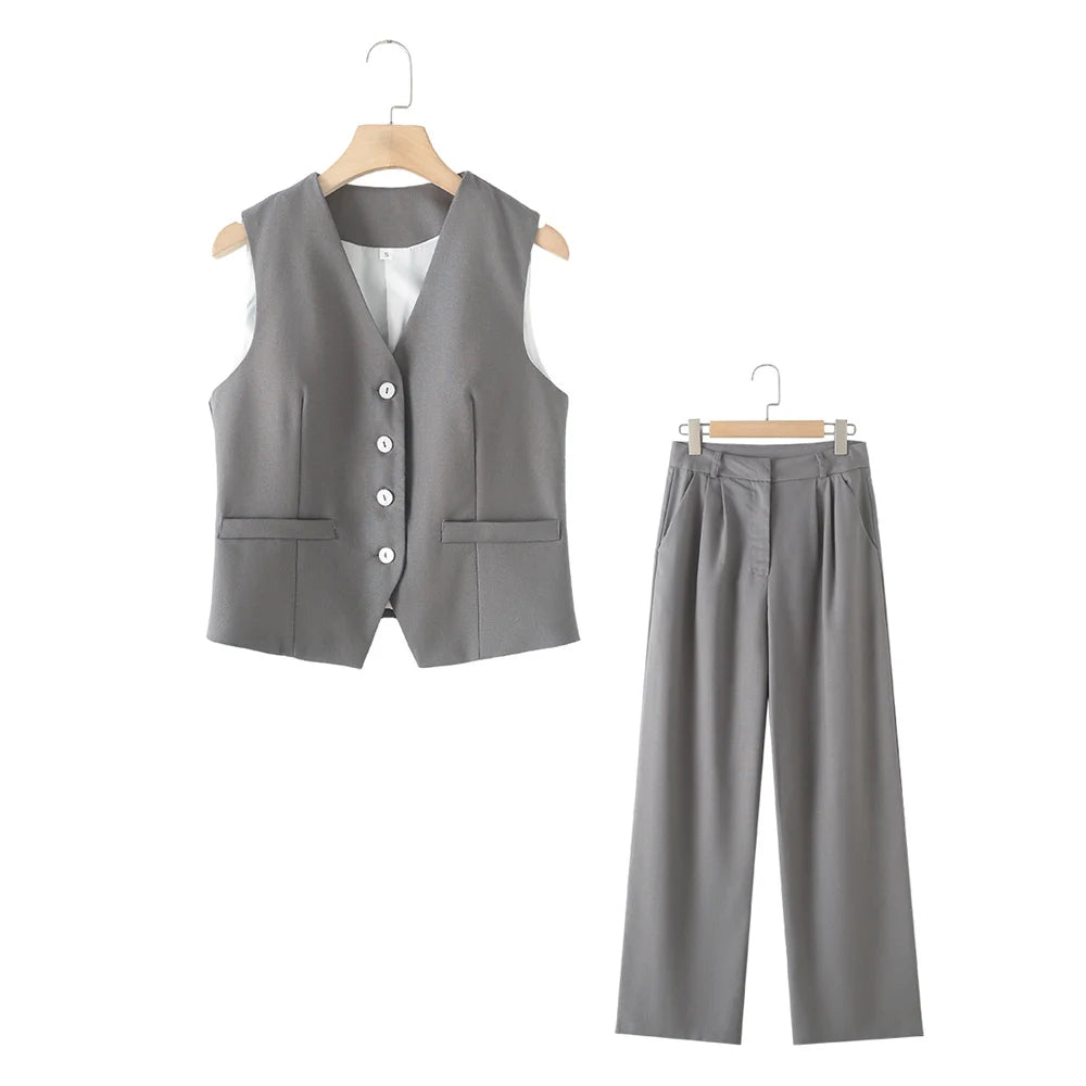Women’s Slim Fit Sleeveless Cotton Linen Vest and Mid-Waist Trousers Set for Versatile Commuting and Early Autumn Wear