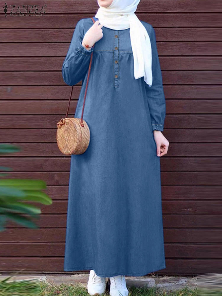 Denim Blue Abaya Dress With Long Sleeves Hijab Modest Maxi