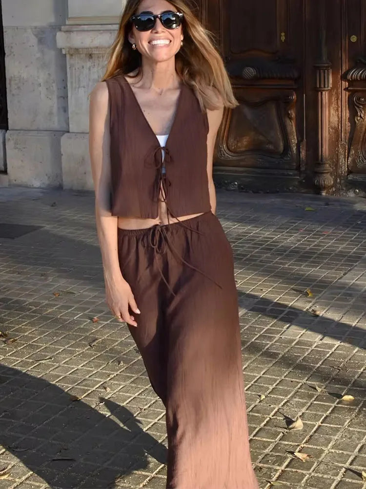 Summer Women Two Piece Lace Up Cardigan And A Line Skirt Set