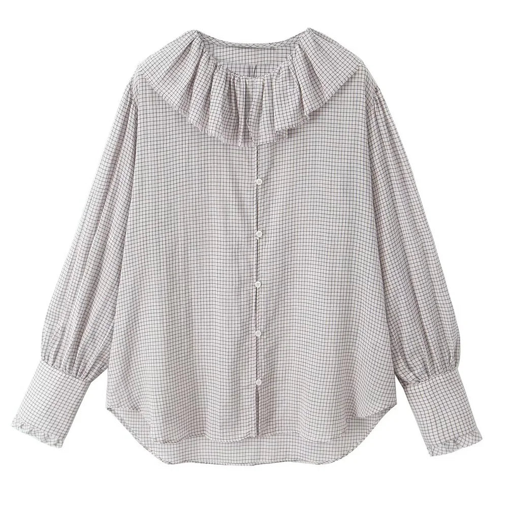 Casual Women’s Long Sleeve Loose Fit Layered Small Grid Decorative Shirt for Autumn Versatile Everyday Wear by Zach Ailsa.