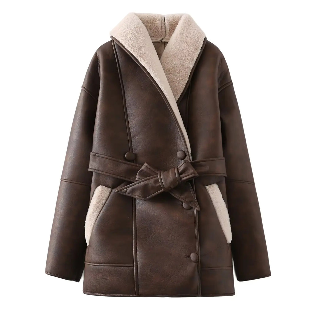 Fur Trim Belted Windbreaker Jacket For Women Dual Color