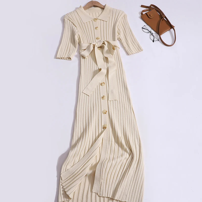 Knitted Cardigan Dress For Women Button Up Short Sleeve