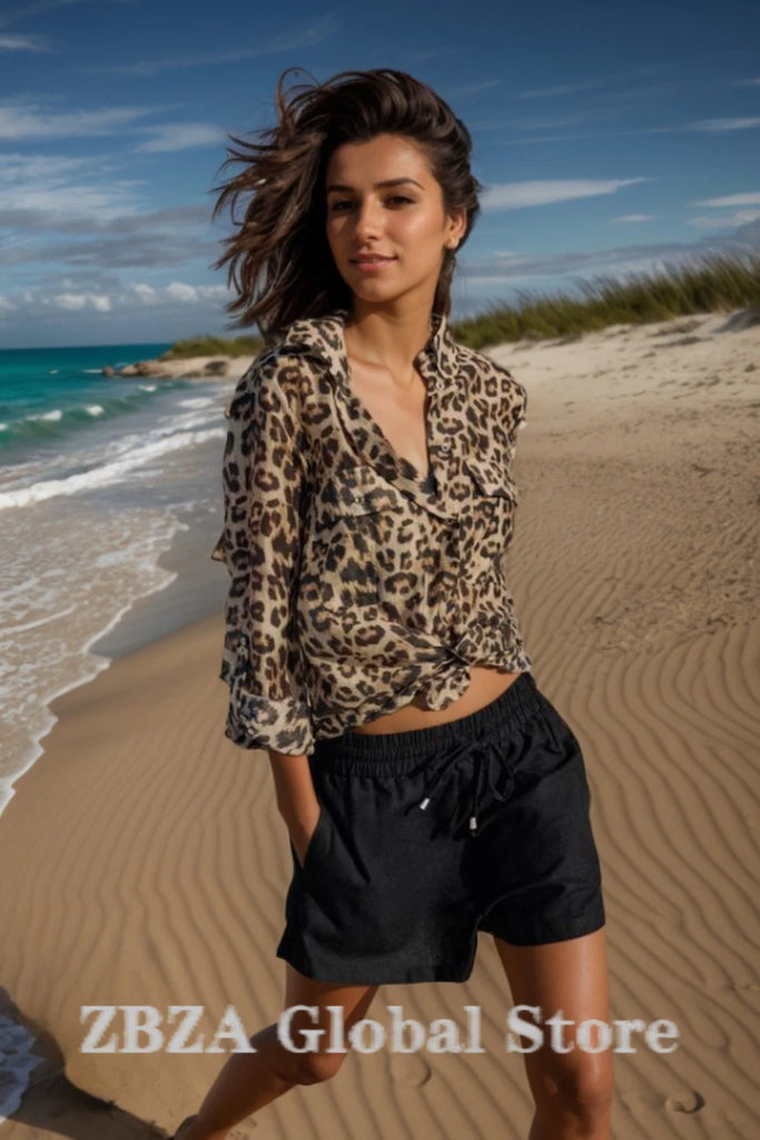 Stylish ZBZA Women’s Leopard Print Button-Down Shirt with Lapel Collar, perfect for fall fashion and casual outings.