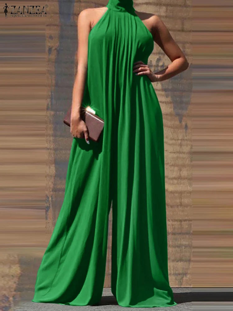 Elegant Sleeveless Wide Leg Jumpsuit for Women Party Casual Holiday Maxi Romper with Stand Collar by ZANZEA in green.
