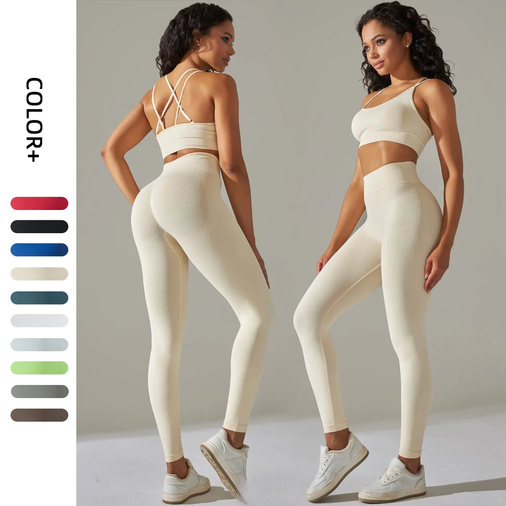 Stylish 2 Pcs Women Seamless Yoga Set with sexy gym bra and high waist push-up leggings for optimal workout comfort.