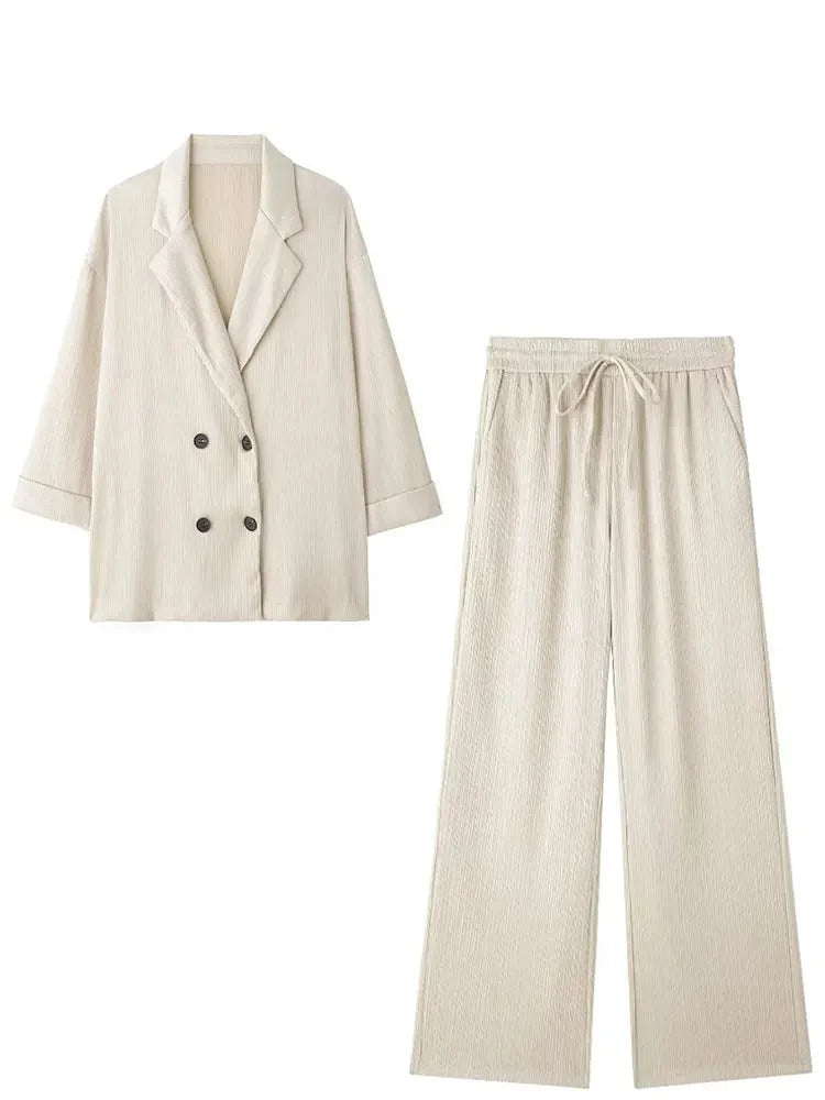 Women’s Elegant Double Breasted Blazer and Straight Leg Trouser Suit Wrinkle Effect Long Sleeve Office Coat Set