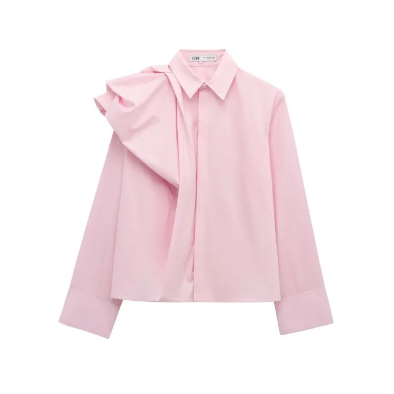 Stylish Women Poplin Shirt with Volume Shoulder Long Sleeve Pleated Cuffs, perfect for Spring parties and everyday wear.