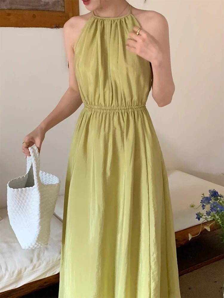 Elegant Y2K Halter Neck Dress Off Shoulder Hollow Waist