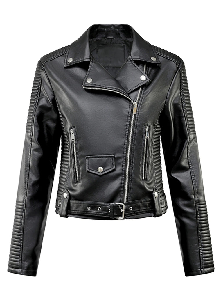 Women Faux PU Leather Jacket With Lapel Zip Front Coat