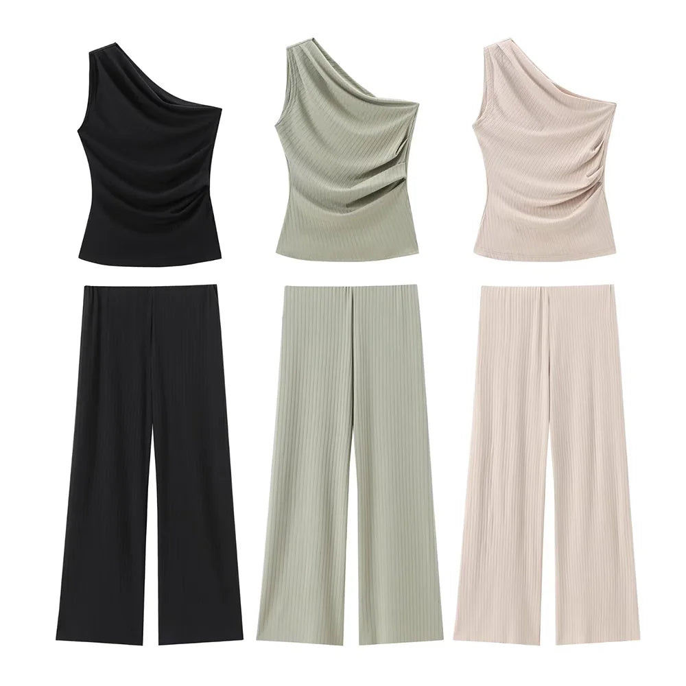 Asymmetric Collar Sleeveless Top And Wide Leg Pants Set For Women Elegant Slim Fit Two Piece Outfit For Office Or Casual