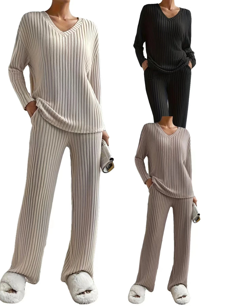 Loose Casual V Neck Knitted Two-Piece Set with Pit Stripe Long Sleeve Top and Straight Tube Pants for Autumn and Winter in cozy styles.