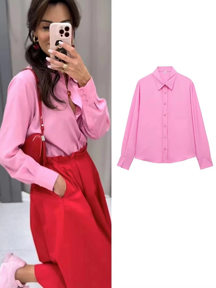 Fashionable Women Single Breasted Long Sleeve Shirt Button Up Blouse Casual Streetwear Top for Spring and Summer in pink.