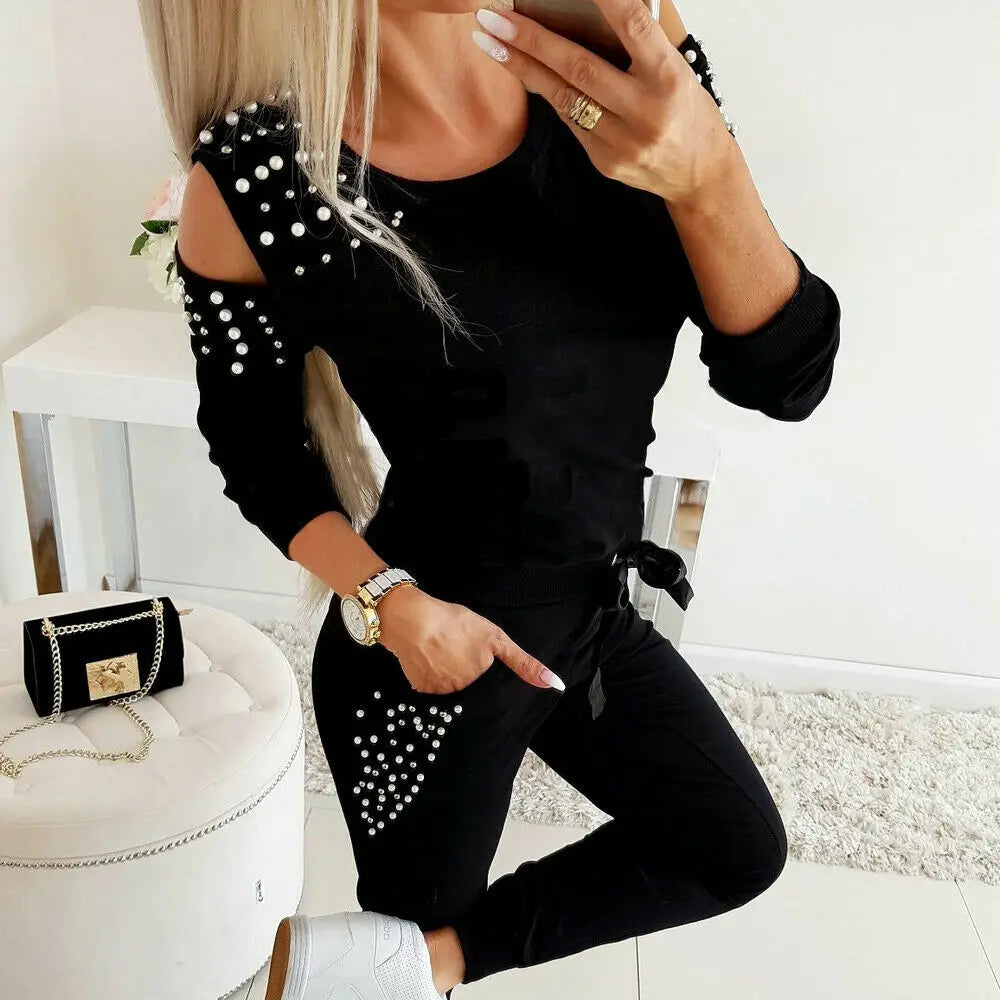 Stylish Off the Shoulder Sexy Stud Bead Solid Color Long Sleeve Sports Set, perfect for a bold autumn look.