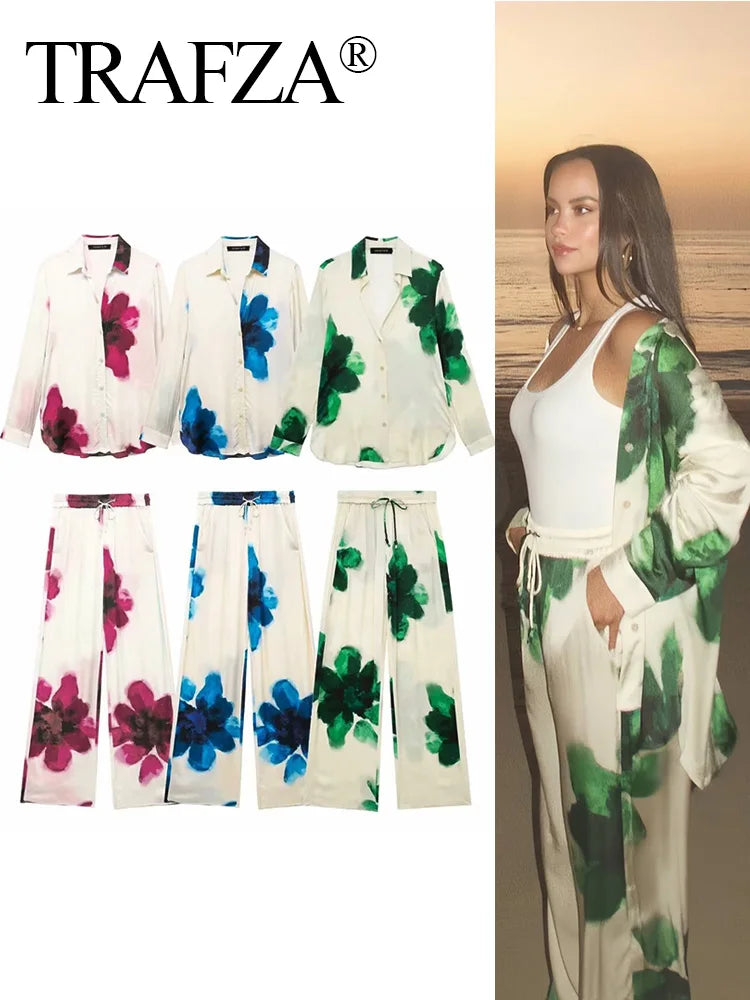 Floral Print Button-Up Shirt and Elastic Waist Wide Leg Pants Set for Women Summer Casual Beachwear by TRAFZA, perfect for summer.