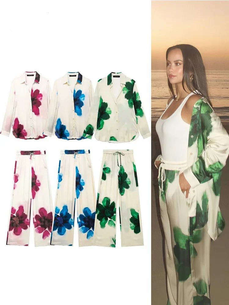 Chic Floral Print Button-Up Shirt and Elastic Waist Wide Leg Pants Summer Set for Women, perfect for beach outings.