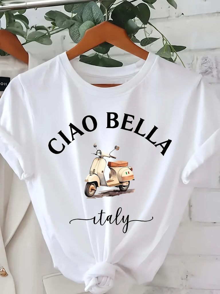 Ciao Bella Women's Casual Crew Neck T-Shirt with Letter Print and Italian Lemon Design