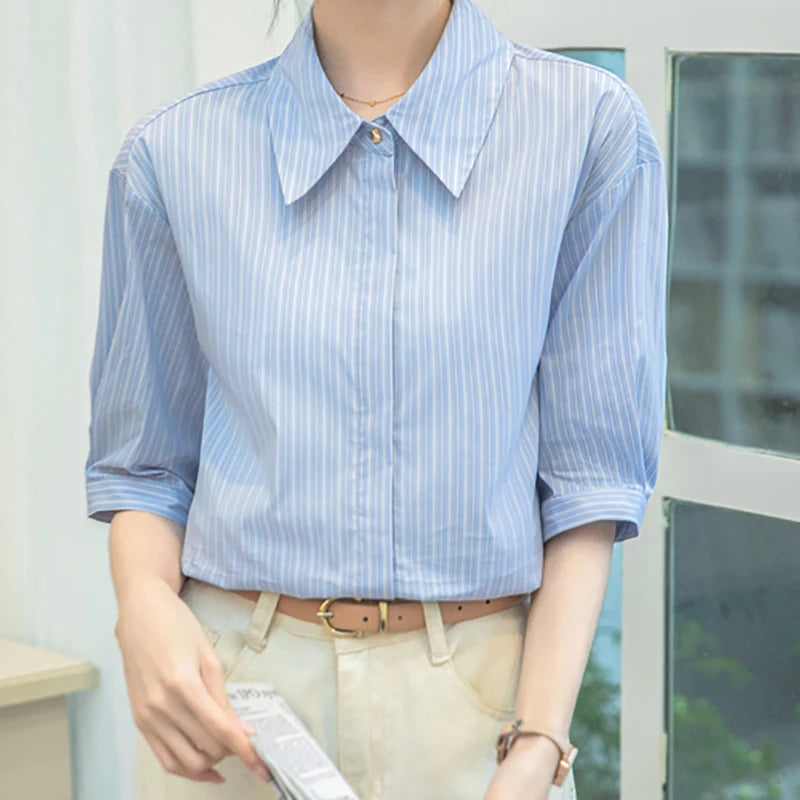 Women Casual Blue Stripe Short Sleeve Polo Collar Shirt Elegant Loose Office Blouse Single Breasted Summer Chic Top by EVNISI.