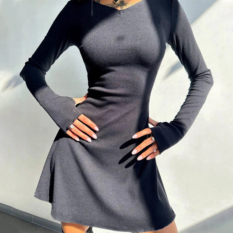 Solid Color Back Strap Waist Cinch Dress For Women Autumn