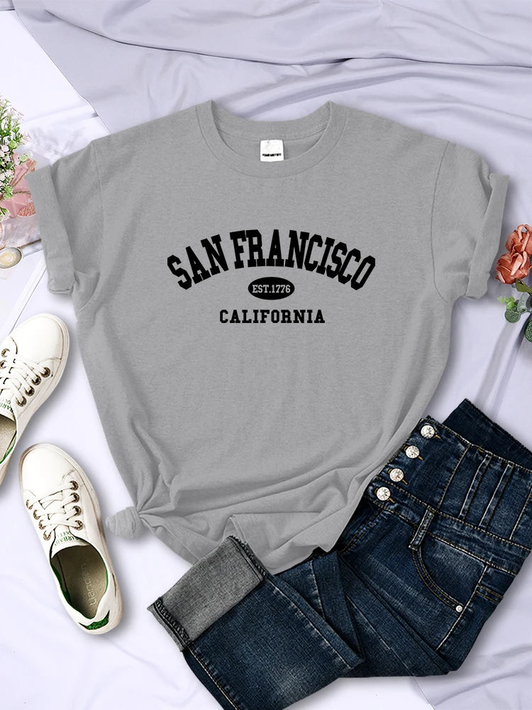 San Francisco California Letter Print Casual Women T-Shirt Short Sleeve Soft Breathable Tee