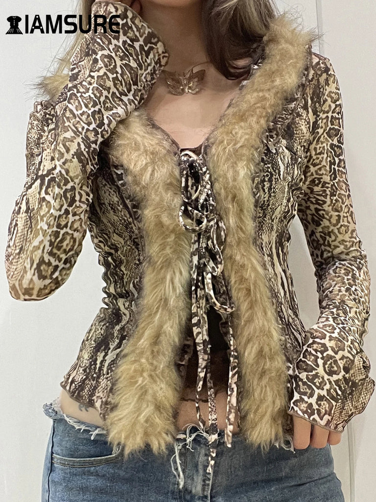 Stylish IAMSURE Casual Leopard Fur Trim Sheer Mesh V-Neck Long Sleeve Slim Bandage Blouse for Women, perfect for any season.
