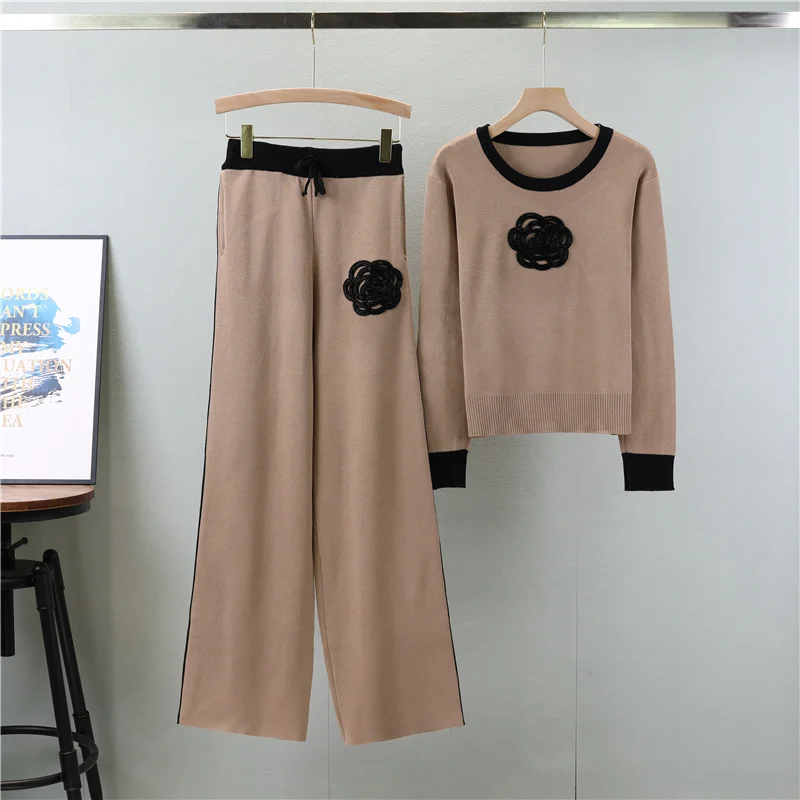 Stylish Knitted Loose Women Pant Suit Set with O Neck Pullover and Wide Leg High Waist Pants, perfect for autumn fashion.