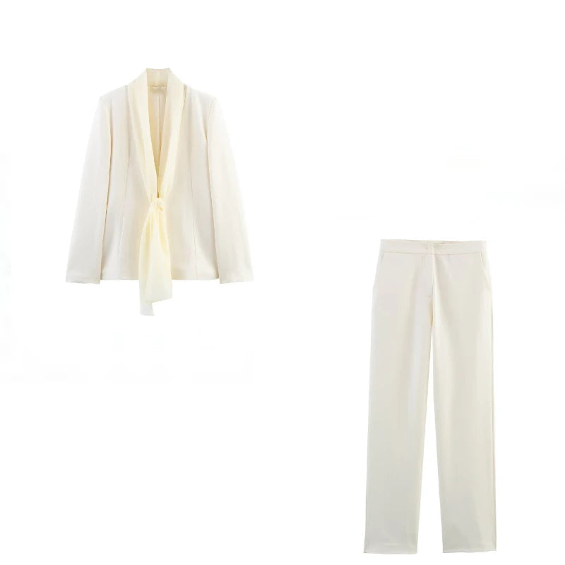 Stylish Women's Lace-up Loose Jacket and High Waist Zip Trousers Suit Set with Lapel Long Sleeve Coat for Spring and Summer.