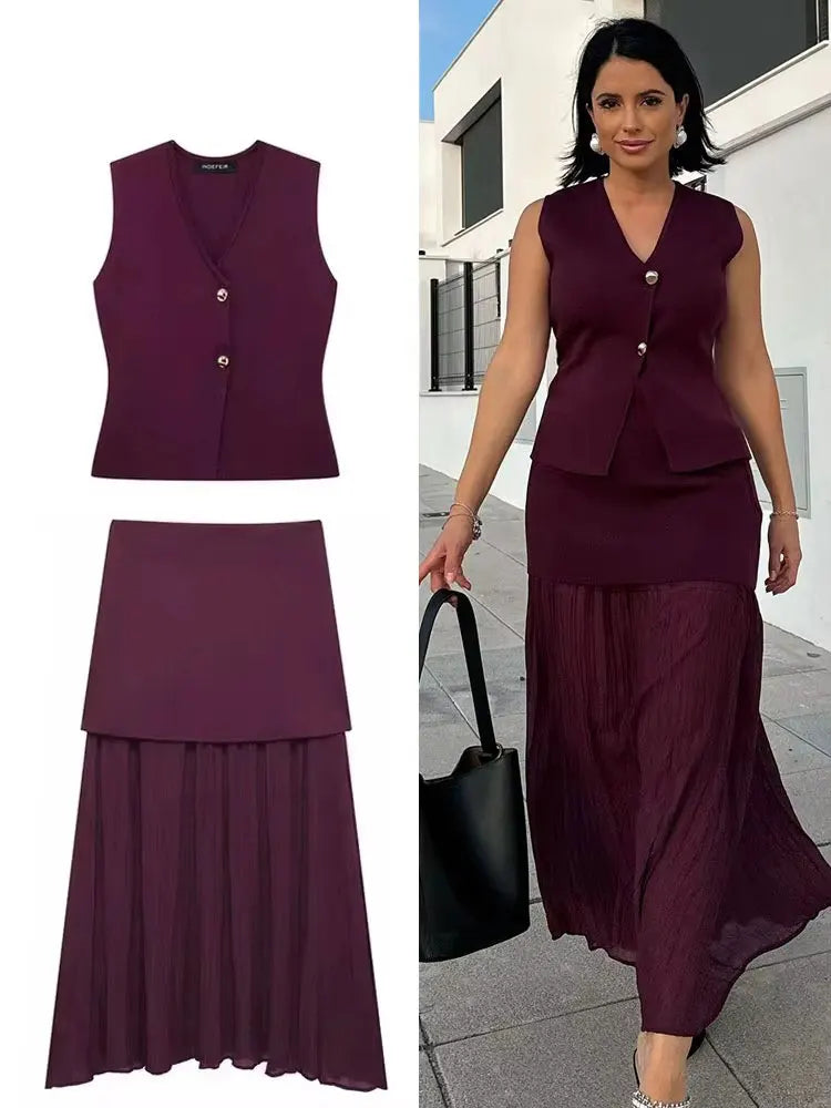 Two Piece V Neck Knit Vest Top And Midi Skirt Set Outfit