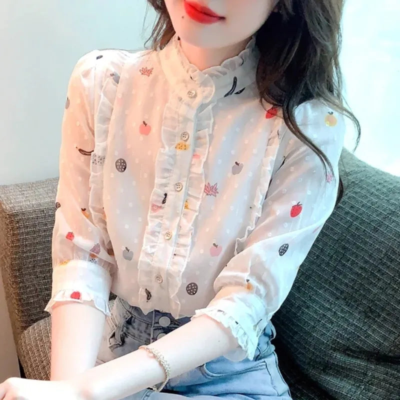 Women's Sweet Floral Print Chiffon Blouse with Edible Tree Fungus Collar for stylish, casual summer comfort.