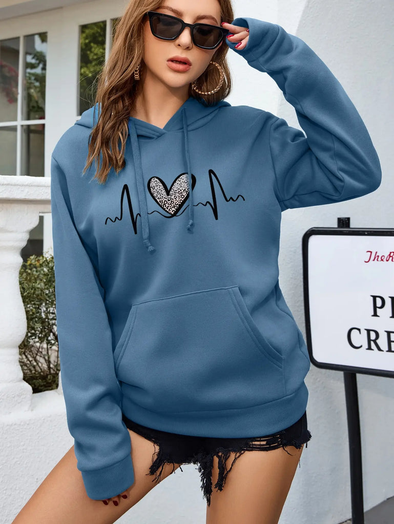 Leopard Print Heart ECG Hoodie For Women Casual Autumn