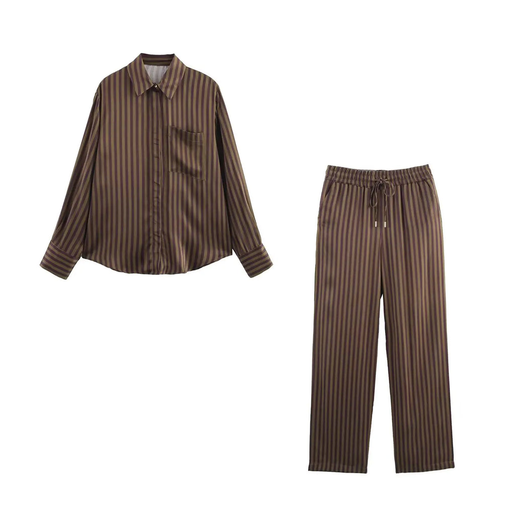 Stylish Women's Striped Long Sleeve Shirt with Collar and Striped Casual Pants for Spring Fashion, perfect for versatile wear.