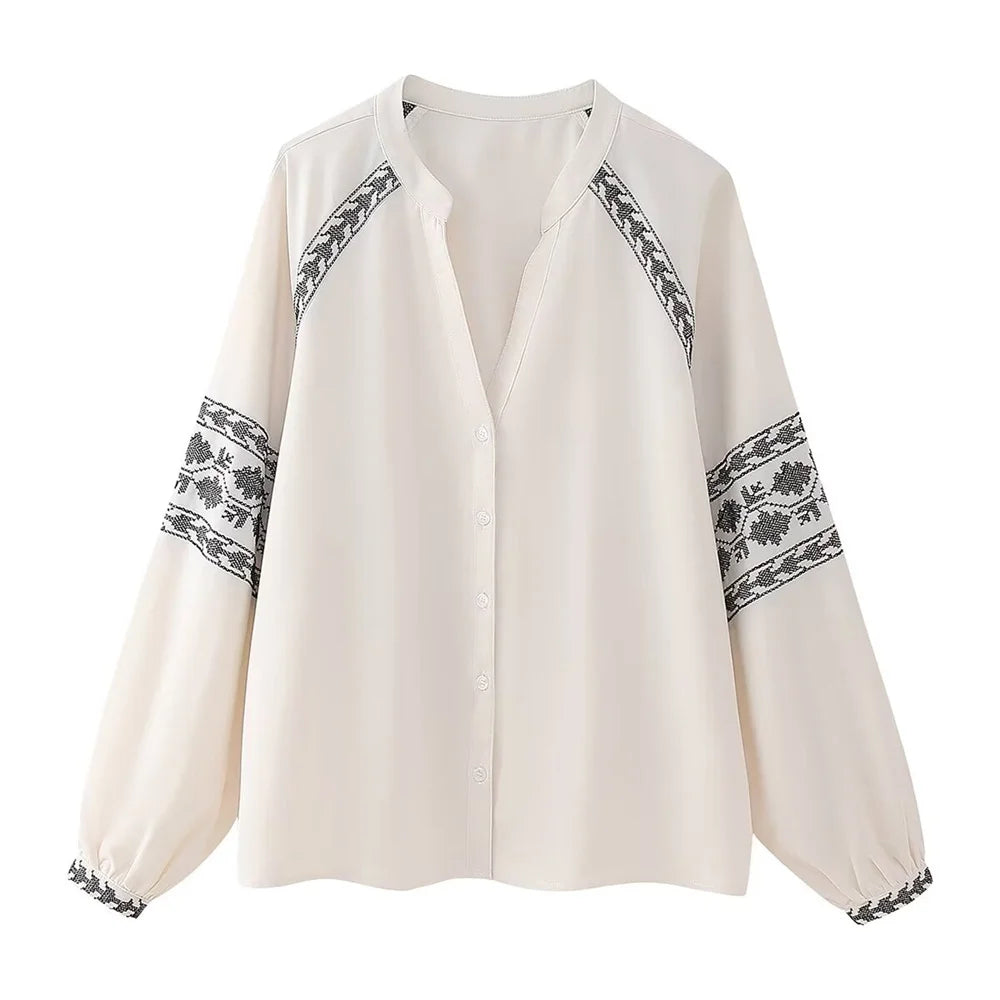 Loose Fit White Embroidered Cover Up Shirt Top for Women with Stylish Contrast Detailing, perfect for casual spring/summer wear.